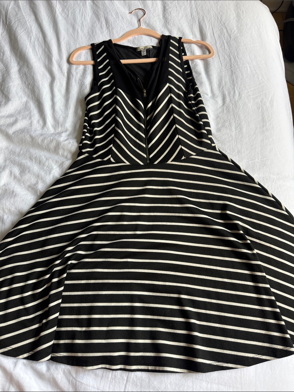 Sleeveless Black and white Striped Midi Fit-and-Flare Dress with Mesh Back